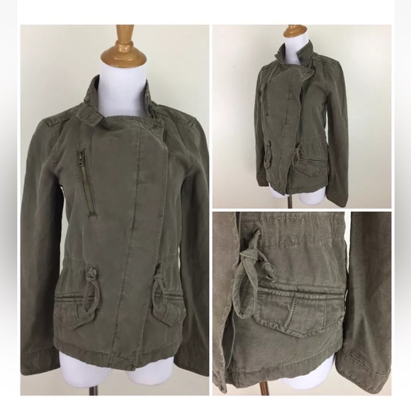 LUCKY BRAND Khaki Green asymmetrical military jacket L - Picture 4 of 11